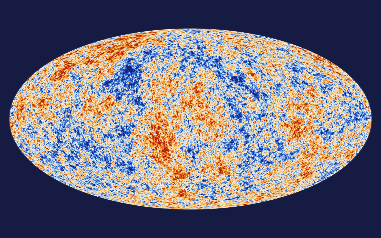 A simulated map of the temperature fluctuations of the cosmic microwave background over the whole sky, computed for this site from the Planck 2018 best-fit cosmology